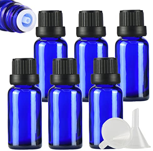 ZEOABSY 6 Pcs 20ml Blue Glass Dropper Bottle with Tamper Evident Black Dripper Cap for Essential Oils Fragrances Aromatherapy Cosmetic Travel Bottles Vials