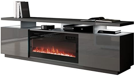 Mirjan24 TV Schrank Lostino mit Elektrischem Kamin Realistische LED-Flamme Kristallherd Elektrischer Kamin mit Heizung TV Lowboard (mit LED Beleuchtung Graphit/Graphit Hochglanz)