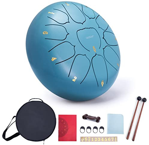 VixxNoxx Stahlzungentrommel Regentrommel Outdoor Garten Hand Drum Handpan Drum 10 Zoll 11 Noten C Key Musikinstrumente Percussion Instrument (Moos Blau)