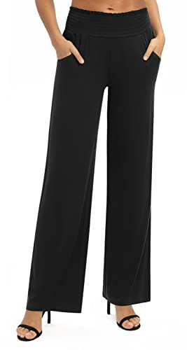 Donna Solido Sciolto Gamba Dritta Palazzo Pantaloni A Vita Alta Elastico Casual Pantaloni con Tasche(S, Nero)