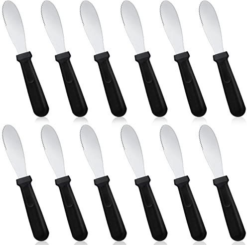 Cunno 12 Pcs Butter Spreader Knives Wide Blade Stainless Steel Cheese Spreader Knife Black Plastic Handle Slicing or Spreading Knife for Slicing Bread Cream Sandwich Condiment Kitchen 9.1 Inch