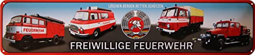 WOGEKA ART Retro Blechschild - Fahrzeuge FREIWILLIGE FEUERWEHR der DDR - Nostalgie Deko-Schild für OSSIS als Geschenkidee zu Geburtstag Weihnachten 46x10 cm Vintage Metallschild STR273