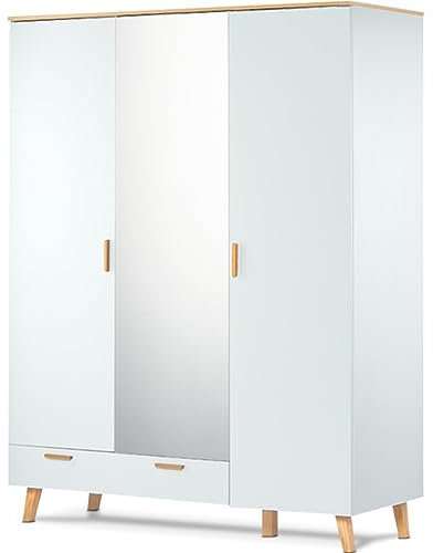 Konsimo Frisk Kollektion Kleiderschrank 195x150x58cm - Weiße Garderobenschrank im Skandinavischen Stil - Kleiderschränke mit Holzbeinen - Mehrzweckschrank aus Holz - Kleiderschrank mit Spiegel
