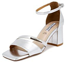 QUUEN Helena Sandali con Tacco Medio a Pianta Larga con Cinturino Donna ZM9342 (Argento, Numeric_38)