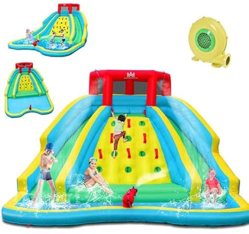 COSTWAY 5 en 1 Château Gonflable avec Souffleur 680W & Toboggan Aquatique & Pataugeoire, Aire de Jeux Gonflable avec Mur d'escalade, Canon à Eau, Charge 150kg pour 2-3 Enfants de 3-10 Ans