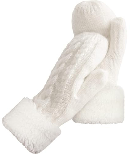 AURUZA Mittens Women, Ladies Thick Fleece Lined Insulated Warm Knitted Winter Thermal Mittens Fingerless Women's Gloves & Mittens (White)