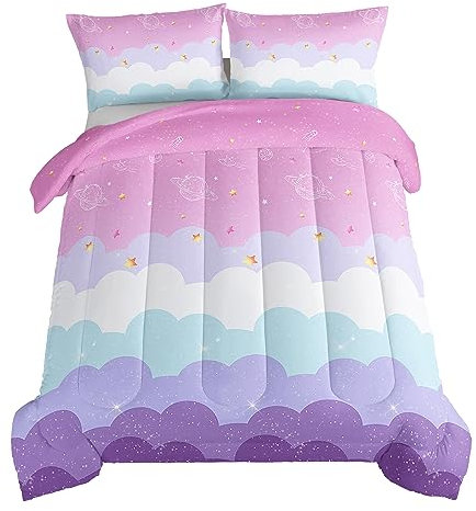 HOSIMA Galaxy Tröster Kokette Bettwäsche-Set, Wolkensterne, volle Größe, Bett in einer Tasche, niedliche Sachen für Teenager, Mädchen, Regenbogen-Prinzessin, Kleinkind-Bettwäsche-Set, volle Größe,