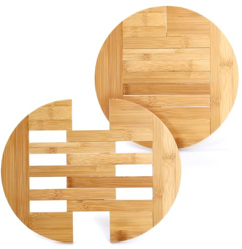 Yarlung 2 Pack Bamboo Trivet Expandable 10 Inch to 12.5 Inch/25cm to 31.7cm, Round Hot Pad Trivet Wooden Heat Resistant Mat for Hot Dishes, Bowls, Plates, Pots and Pans, Tabletop Protection
