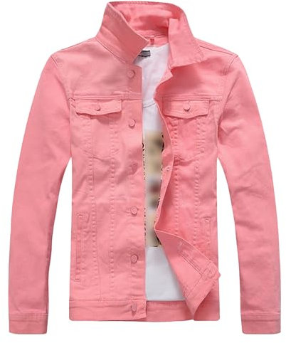 ZDJSWJ Veste en denim à boucle frontale pour homme Veste en jean décontracté classique lavé Manteau mince et léger en denim (Couleur Rose,L)
