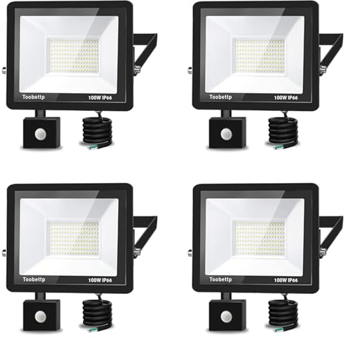 4PCS 100W LED Strahler Außen mit Bewegungsmelder, 10000LM 6000K Fluter | Kaltweiß Außenstrahler Bewegungssensor für Hof Garage, Dreistufige Einstellung, 12M Erfassung,120°Strahlwinkel,IP66 Gehäuse