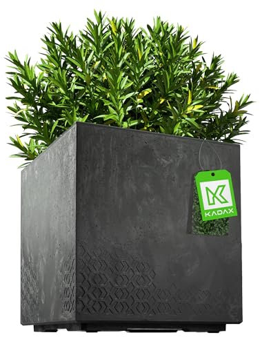 KADAX Fioriera in plastica, 39 x 39 cm, 7 colori, vaso quadrato per fiori con rotelle, vaso per piante con tappo di scarico (effetto cemento, nero)