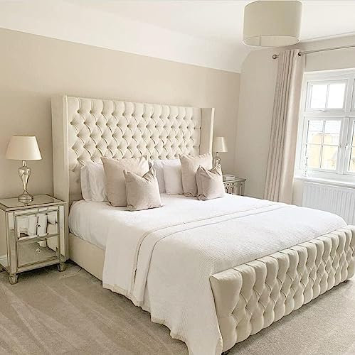 Bespoke Beds Plush Velvet Cannas Wingback Bed - King Size, Grey Plush, Gas Lift Ottoman Option, UK Made