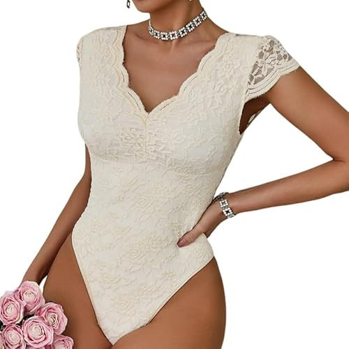 Haibang Body Damen Sexy Spitze V-Ausschnitt Kurzarm Bodysuit Elegant Stickerei Spitzenbody Floral Lace Rückenfrei Oberteil Slim Fit Jumpsuit Overall Sommer Damenbody Spitzenbluse Party Club Shirts