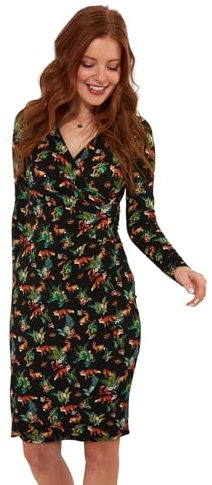 Joe Browns Women's Fashion Wrap Front Ruched Woodland Creatures Jersey Dress, Regular Fit, Black, UK 14