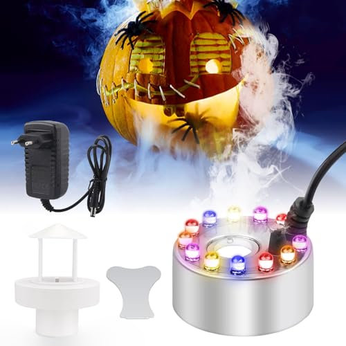 ZeiLaBang Kakadi Ultraschall Vernebler Halloween,12 LED Nebelmaschine Mini,Maker Wassernebler Fogger,Wassernebler,Spritzschutz Ultraschall Nebelmaschine,für Springbrunnen,Teich, Nebel,Steingarten