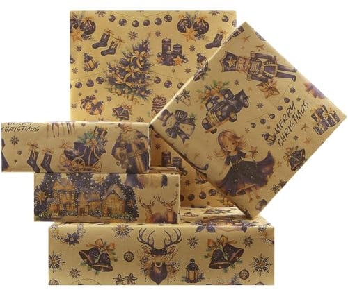 Vintage Kraft Wrapping Paper - 4 Sheet Christmas Blue and Purple Gift Wrap With Tree, Santa Claus, Snowhouse, Pickup, Nutcracker Designs for Xmas Decor - 70 x 50cm