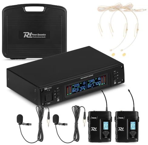 Power Dynamics D220B - Sistema Dual de micrófonos inalámbricos, True Diversity, UHF 823-832 MHz, Doble micrófono bodypack con Solapa y Diadema, 80 Canales, Salidas XLR y Jack 6,3 mm, Estuche Incluido