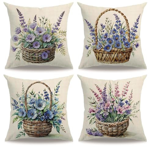 Kissenbezüge mit blauen Blumen, für den Außenbereich, Garten, mit Vintage-Blumen-Korb-Design, rustikal, bunt, Frühlingsblumen, Heimdekoration, Kissenbezüge für Terrasse, Sofa, Bett, 45,7 x 45,7 cm, 4