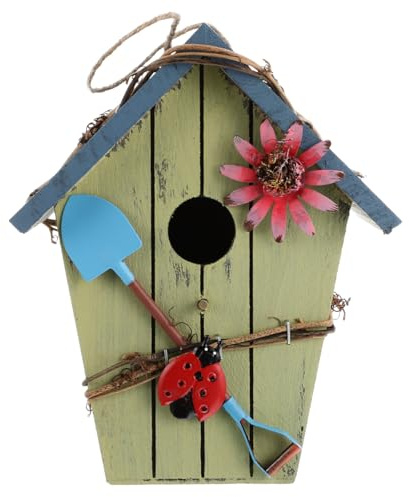 Milisten Casa De Pájaros De Madera con Techo Protector para Jardín Nido Creativo Resistente Al Viento Y Lluvia Refugio para Aves Pequeñas Decoración Exterior De Balcón Y Porche 7.87X6.69X4.72In