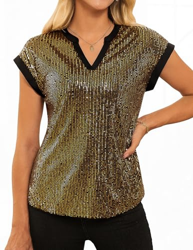 Damen Glitzer Oberteil Henley V-Ausschnitt Kurzarm mit Pailletten Vest Shirt XXL Gold