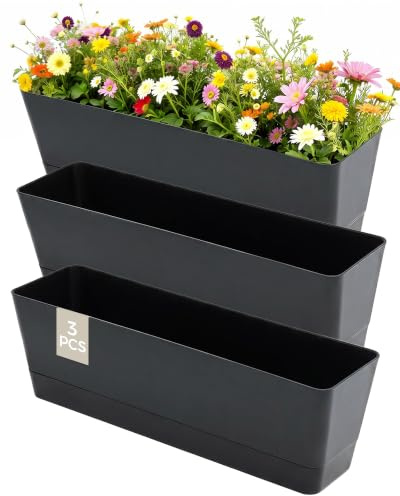 Bamworld Set di 3 Vasi Rettangolari per Piante 42x12 cm con Drenaggio, per Piante Grasse da Interno ed Esterno, per Finestra, Balcone e Tavolo, Nero, Fioriera da Finestra