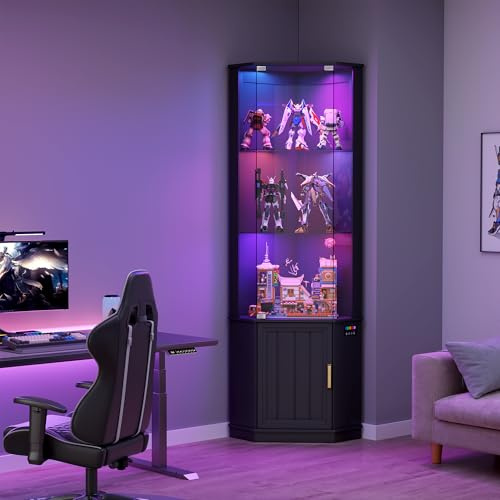 Lvifur 175cm Corner Glass Display Cabinets with RGB Sensor Light, Black | Curio Display with Lights,3-Tier Display Case with Human Body Sensor for Collectibles Bookcases for Toys,Collectibles,Liquor