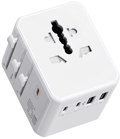 Auxmir Adaptador Enchufe Universal PD 45W con 3 USB-C y 2 USB-A, Blanco | Material Ignífugo. Clavijas para EU, UK, US y AU. Peso Ligero 162g. Ideal para Viajes, Hotel, Móviles, Tablets y Cámaras