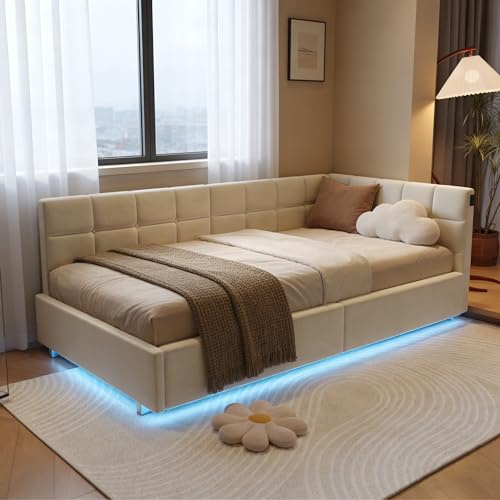 BRILVERDE Einzelbett 90x200 mit Stauraum, Polsterbett mit LED/USB, Bettgestell mit Lattenrost und kopfteil, Bettrahmen für Jugendliche, Samt (Beige, 90 x 200 cm)