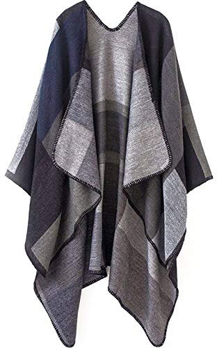 Shmily Girl - Damen Poncho Habe Gestrickt Überdimensionalen Decke Kap-Schal (Plaid/Schwarz)