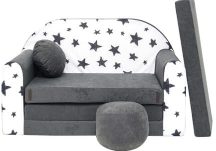 Pro Cosmo Kindersofa Bettfunktion 3in1 Sofa + Gratis Polsterhocker und Kissen Kindermöbel Set - AC1 Grau Sterne 168 x 98 x 59cm