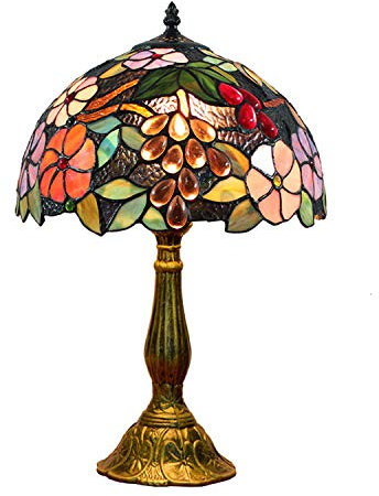 Hobaca 12 Zoll Pastoral Buntglas Trauben und Blumen Tiffany Tischlampe Handgemacht Art Dekorative Nostalgie Nachttischlampe Schlafzimmer Wohnzimmer Lampe