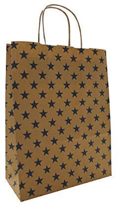 PGV Papiertaschen Papiertüten braun mit Kordel - Sterne BLAU - Verschiedene Größen und Mengen (50 Stück, 22 + 10 x 28 cm)