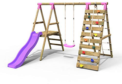 Rebo® Wooden Swing Set with Deck and Slide Plus Up and Over Climbing Wall - Amber Pink | OutdoorToys | Sturdy Wooden Construction, Pressure Treated Timber