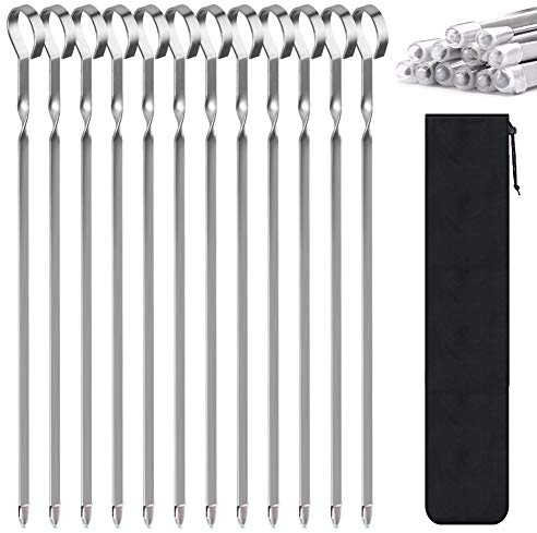 Skewers for Kabobs, 12 Metal Kebab Skewers for Grilling Flat Long Stainless Steel Kabob Sticks Reusable Grill Shish BBQ Barbecue Sticks for Meat Chicken Vegetable Shrimp, 12 Pack