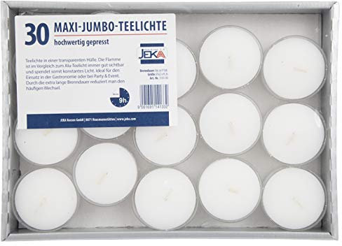 Jeka Maxi Tealight Candele - Set di 30 Pezzi - Durata 9 Ore - Plastica Trasparente - TeaLights Grande - Cera e antigoccia - Lumini di Colore Bianco Naturale