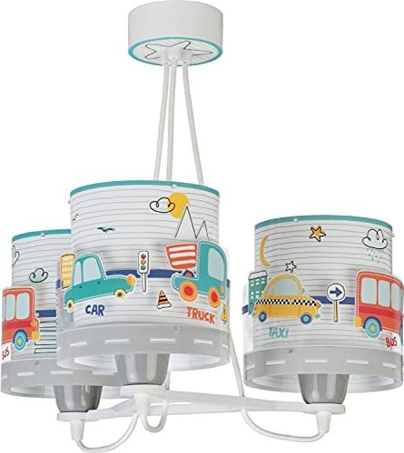 Dalber Lampe kinderzimmer, kinderlampe Pendelleuchte Hängelampe, Deckenleuchte Kinder, Deckenlampe kinderzimmer 3 Lichter Baby Travel Autos und Flugzeuge, Bunt, 61687, E27