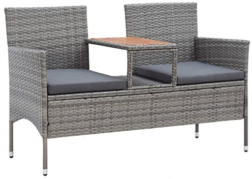vidaXL Gartenbank 2-Sitzer mit Teetisch Witterungsbeständig Gartenmöbel Lounge Bank Sofa Sitzbank Gartenstuhl Gartensofa 143cm Poly Rattan Grau