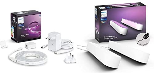 Philips Hue Play White and Colour Ambiance Smart Light Bar Double Pack, White + Lightstrip Plus [2 m] Base Kit with Bluetooth Bundle. Compatible with Alexa, Google Assistant & Apple HomeKit
