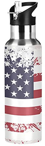 Vnurnrn Art Usa Drapeau Américain Bouteille d'eau Isotherme avec Paille en Acier Inoxydable Gourde 600ML, Sans Bpa Gourdes Eau pour Enfant Sport Randonnée École Bureau