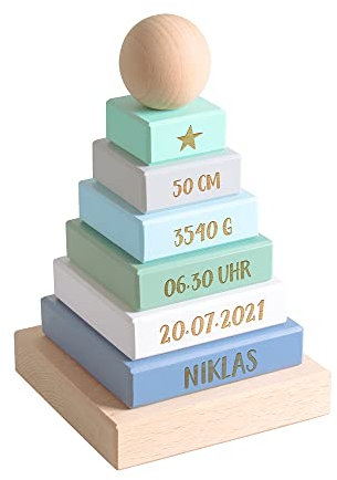 Kekskrone Stapelturm Holz Personalisiert - Gravur mit Name & Geburtsdaten - Geschenk Geburt & Taufe | Adventure Serie - Blau