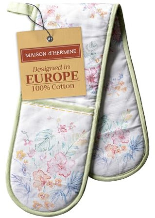Maison d' Hermine Double Oven Mitts 100% Cotton 18 cm x 89 cm Double Oven Mitt Heat Resistant BBQ Cooking Gloves with Loop, Baking, Grilling, Home, Kitchen, Handling Hot Pans (Paradise Island)