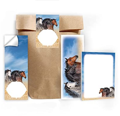 Junapack 6 Lesezeichen + 6 Mini-Notizblöcke + 6 Geschenktüten (Natur) + 6 Aufkleber DREI Pferde Mitgebsel Gastgeschenk beim Kindergeburtstag Mädchen