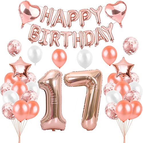 HCRXVV Rosegold 17 Geburtstag Mädchen Party Deko Set 17.Luftballons Geburtstag Teenager Mädchen Happy Birthday Girlande Geburtstagsdeko für 17 Jahre Geburtstagsluftballons