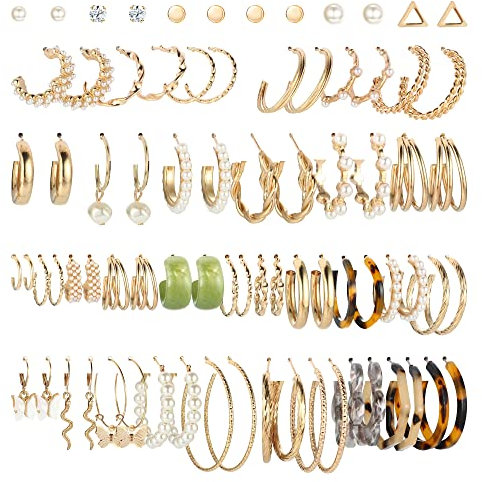 CASSIECA 38 Paar Gold Perlen Ohrringe Set für Damen Mädchen Mode Kettenglied Creolen Ohrstecker Tropfen Ohrringe Boho Statement Acryl Creolen Hypoallergen Ohrringe Geburtstagsfeier Schmuck Geschenk