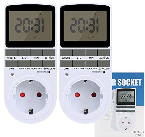 Digital Zeitschaltuhr, Elektrische Zeitschaltuhr Steckdose mit LCD-Anzeige Deutsche System und Tasten mit 10 konfigurierbare Programme 12/24h Modus für Steckdose, Licht (2 Stück)