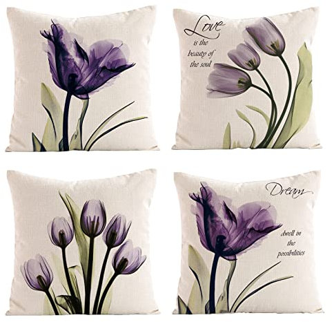 OCEUMACO Leinen Kissenbezug 45x45 Lila Blumen Muster Kissenhülle 4er Set Quadratisch Dekokissen Sofakissen Bezug für Couch Landhausstil Kissen Kissenbezüge Deko Zierkissen Couchkissen Outdoor
