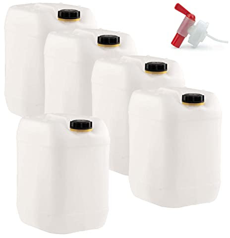5 x 20 Liter Getränke- und Wasserkanister DIN 61 mit 1 x Ablaufhahn | UN-Zugelassen Lebensmittelecht BPA frei | Gastronomie Gewerbe Camping Wohnwagen | Robuste Qualität aus DE (20 Liter, Natur)