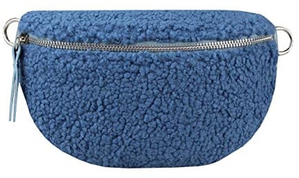 Made in Italy Damen Leder Gürteltasche Crossbody Teddyfell Bauchtasche Hüfttasche Kunstfell Umhängetasche Brusttasche Crossover Bodybag Schultertasche Handytasche Teddy Pelz Fell Plüsch Jeansblau