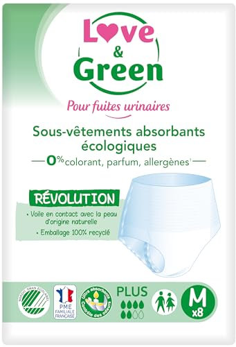 Love & Green - Ropa interior absorbente adulta hipoalergénica y ecológica Plus Talla M x8 - Mujeres y Hombres
