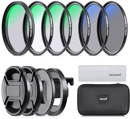 NEEWER 58mm Objektiv Filter Set Kompatibel mit GoPro Hero 8 7 6 5,Neutraldichte Polarisationsfilter Set, 4 ND Filter (ND4/ND8/ND16/ND32), CPL Filter, UV Filter, 2 Objektivdeckel&2 Adapter Ringe